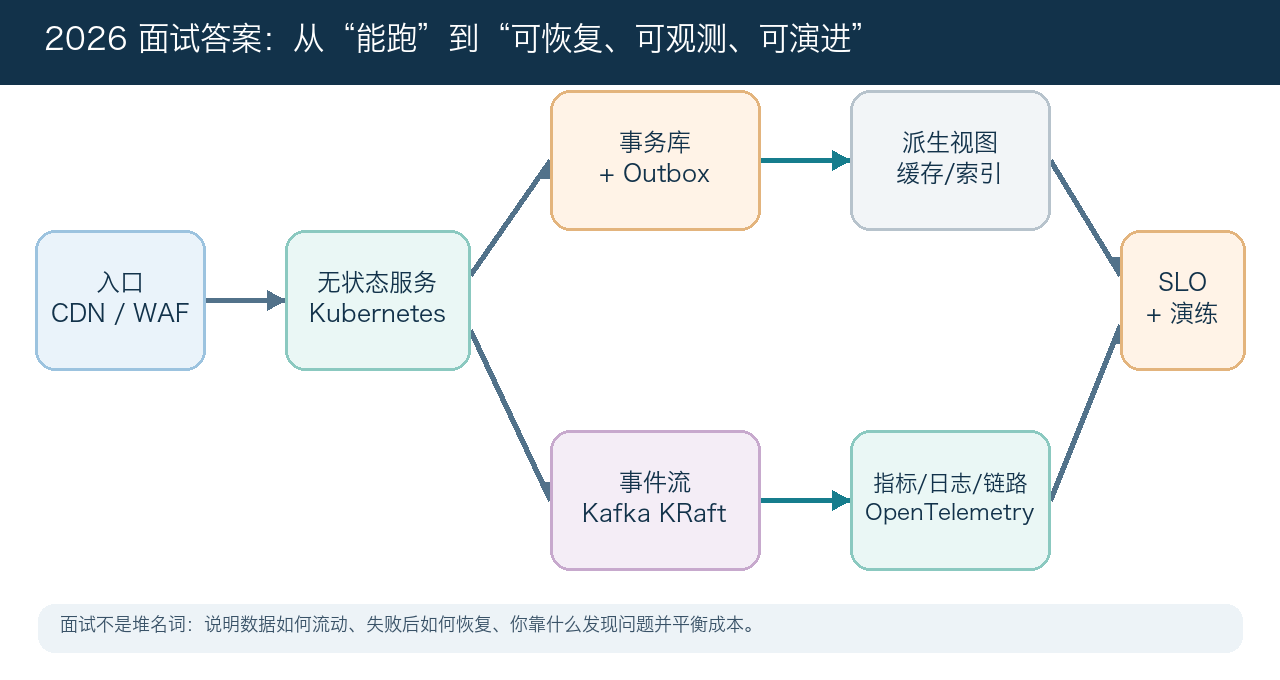 现代系统设计的入口、服务、事务库、事件流、可观测性与 SLO 示意图